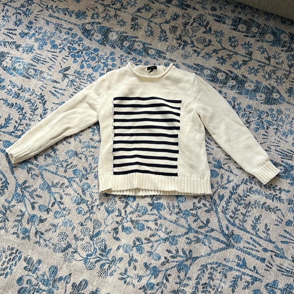 J Crew cream sweater with navy stripes
